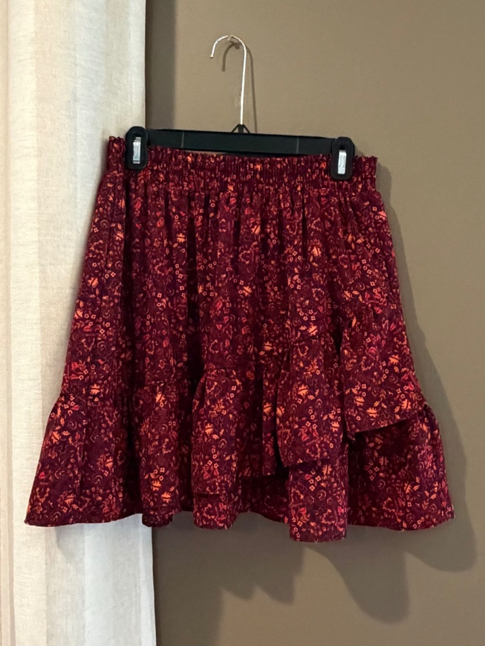 BCBG Paris Floral Mini Ruffle Skirt, Red Orange Yellow, Size Large